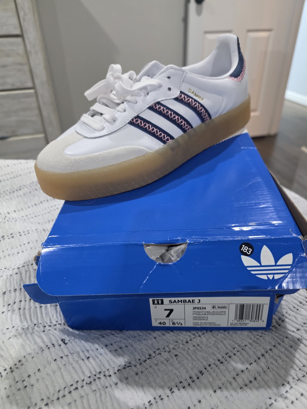 Adidas Sambae- White with Navy & Pink Accents-7Y Or 8.5W